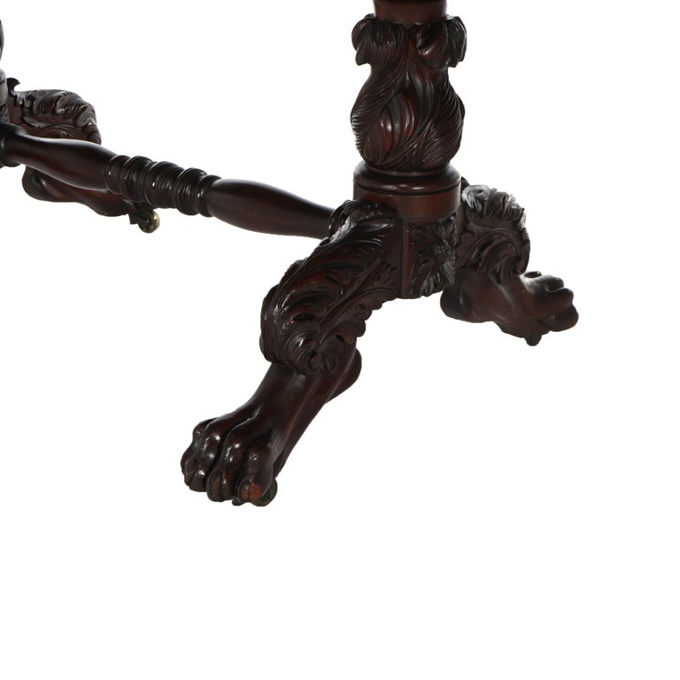 Antique American Empire Flame Mahogany Sofa Table, Carved Acanthus & Paws, C1840