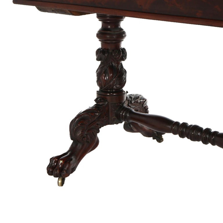Antique American Empire Flame Mahogany Sofa Table, Carved Acanthus & Paws, C1840