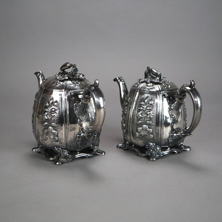 Two Antique English Sheffield Silver Plated Tea Pots with Garden Elements C1890
