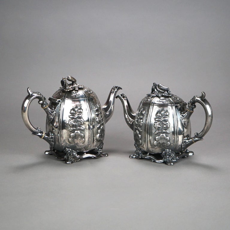 Two Antique English Sheffield Silver Plated Tea Pots with Garden Elements C1890