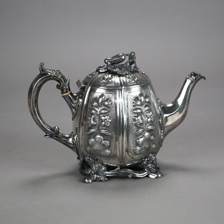 Two Antique English Sheffield Silver Plated Tea Pots with Garden Elements C1890