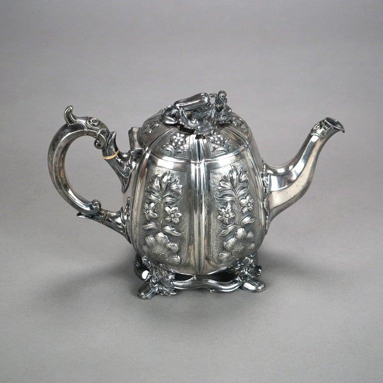 Two Antique English Sheffield Silver Plated Tea Pots with Garden Elements C1890