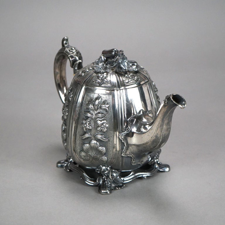 Two Antique English Sheffield Silver Plated Tea Pots with Garden Elements C1890