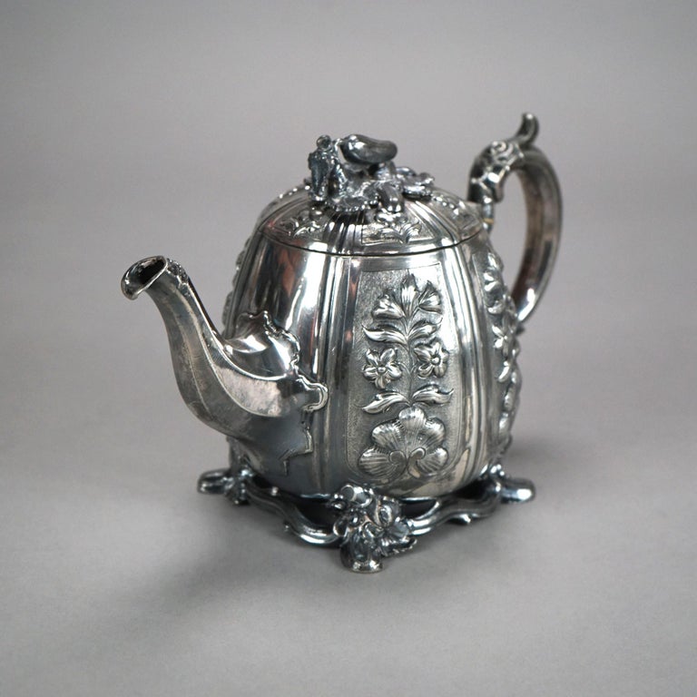 Two Antique English Sheffield Silver Plated Tea Pots with Garden Elements C1890