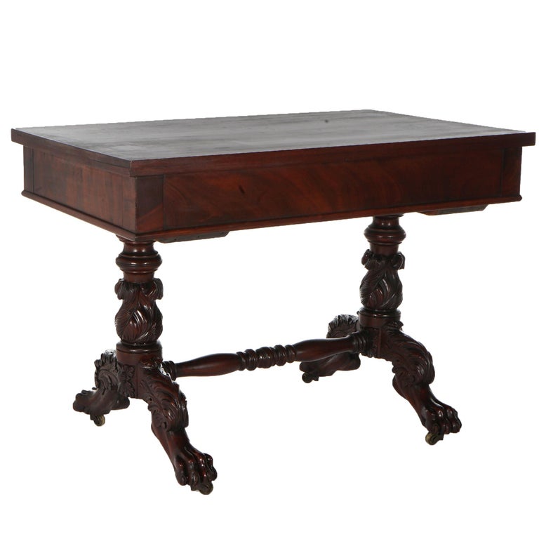 Antique American Empire Flame Mahogany Sofa Table, Carved Acanthus & Paws, C1840