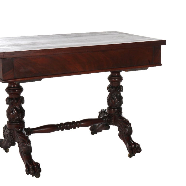 Antique American Empire Flame Mahogany Sofa Table, Carved Acanthus & Paws, C1840