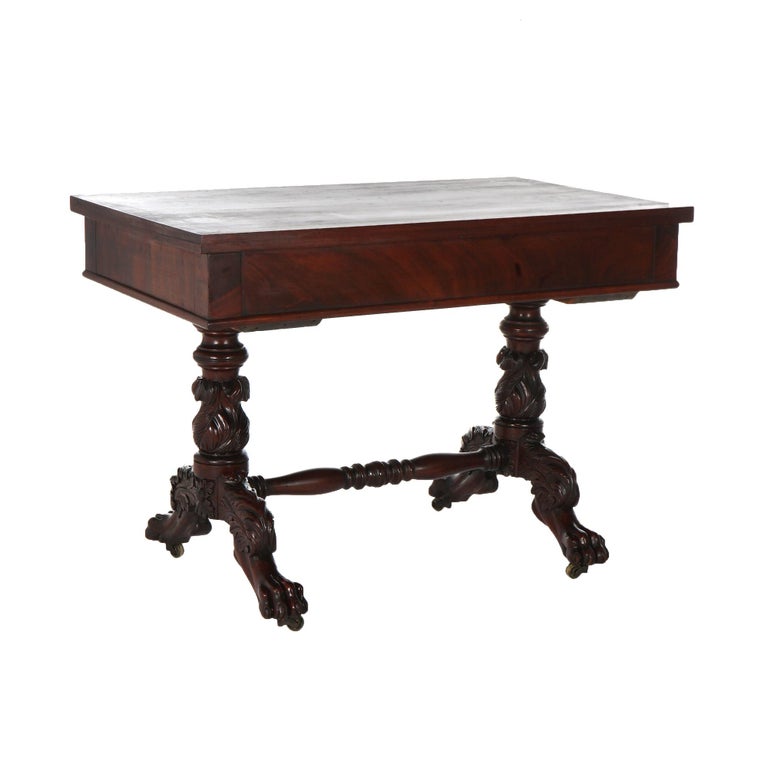 Antique American Empire Flame Mahogany Sofa Table, Carved Acanthus & Paws, C1840