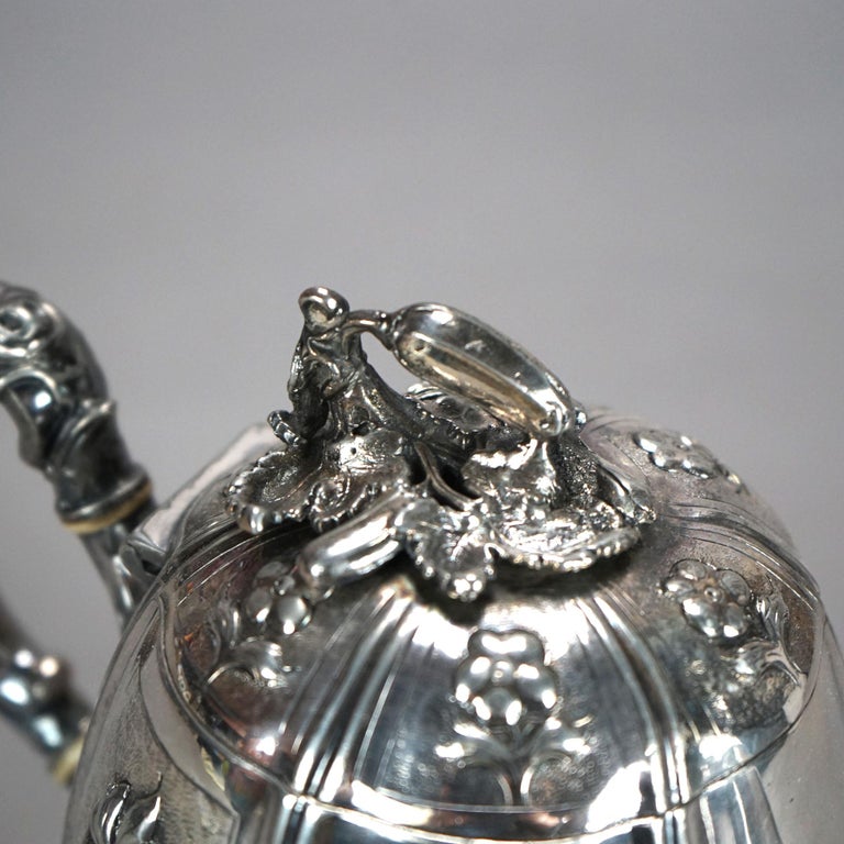 Two Antique English Sheffield Silver Plated Tea Pots with Garden Elements C1890