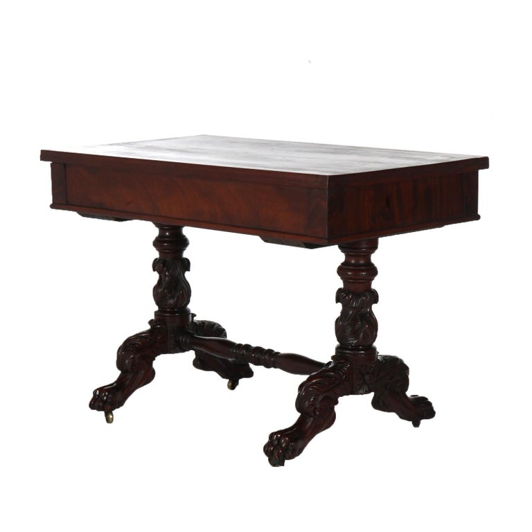 Antique American Empire Flame Mahogany Sofa Table, Carved Acanthus & Paws, C1840