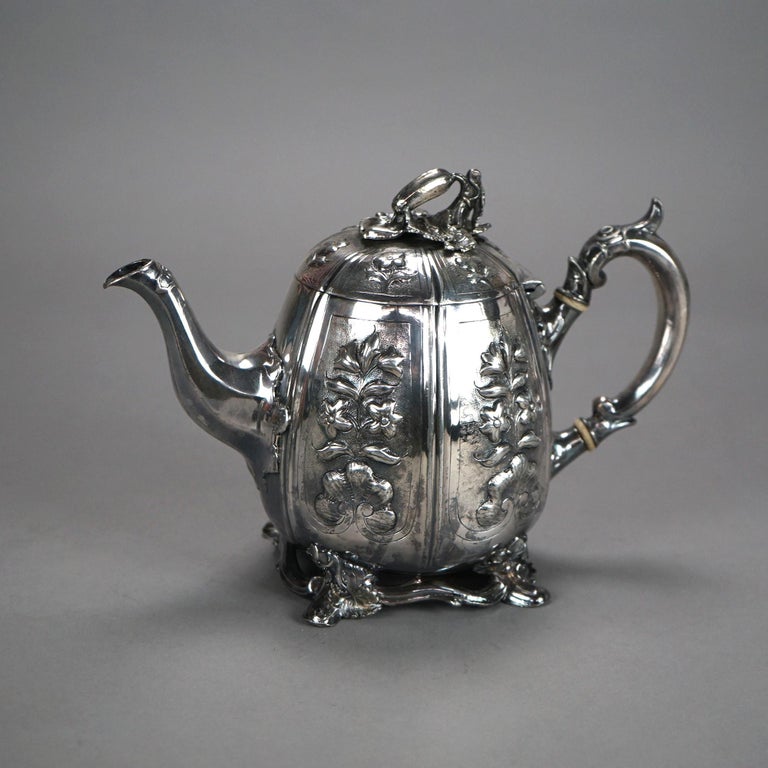 Two Antique English Sheffield Silver Plated Tea Pots with Garden Elements C1890