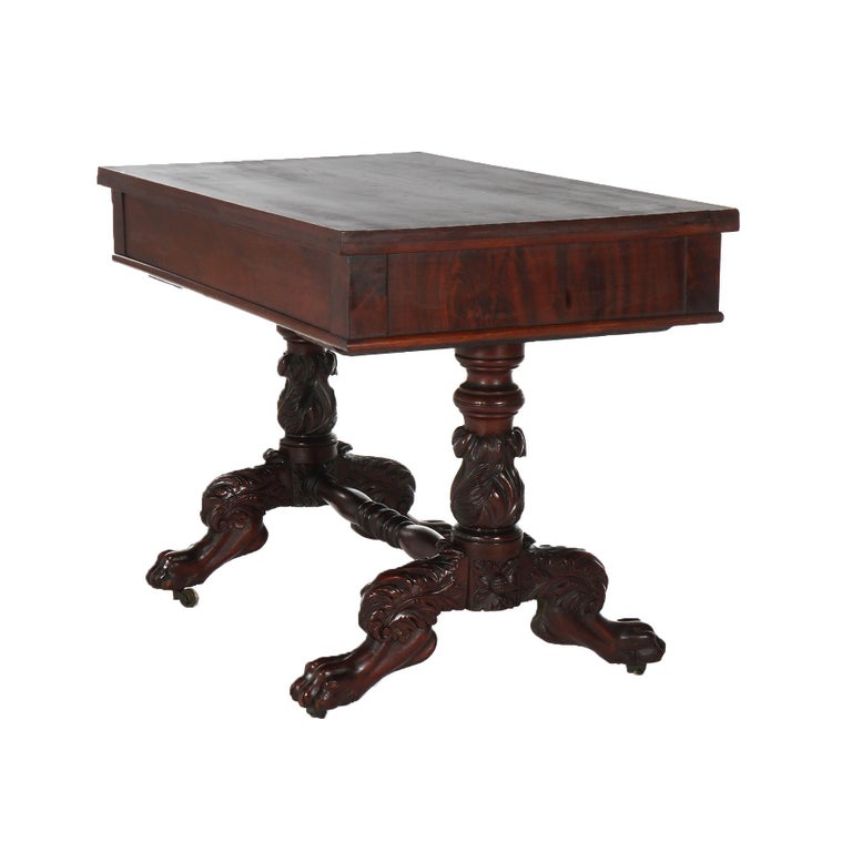 Antique American Empire Flame Mahogany Sofa Table, Carved Acanthus & Paws, C1840