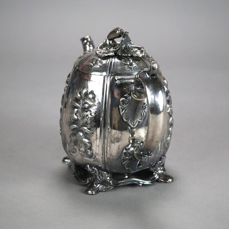 Two Antique English Sheffield Silver Plated Tea Pots with Garden Elements C1890