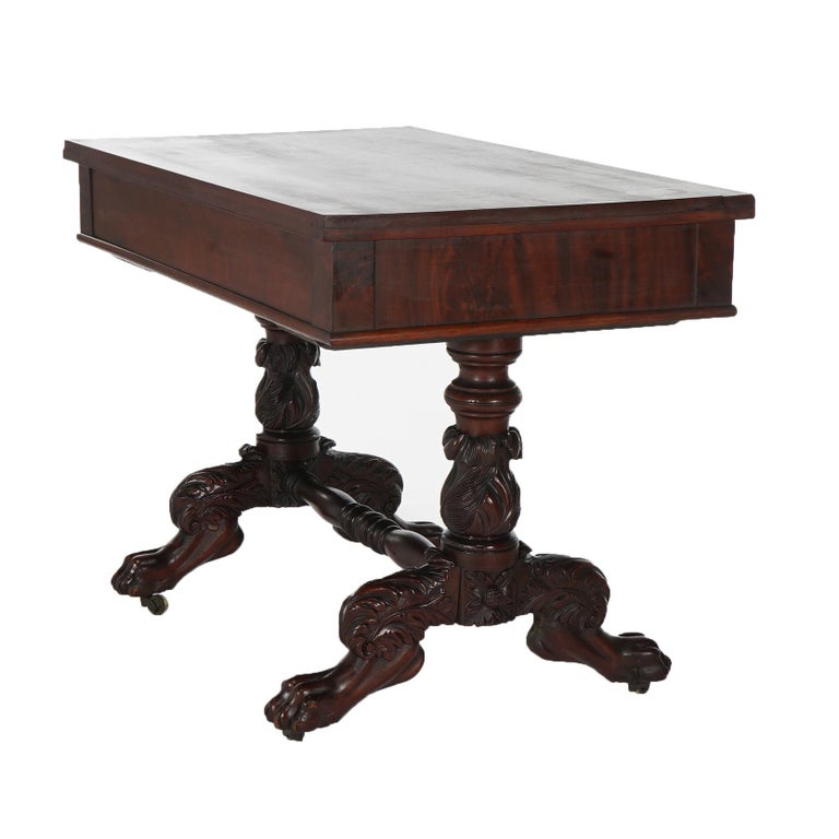 Antique American Empire Flame Mahogany Sofa Table, Carved Acanthus & Paws, C1840