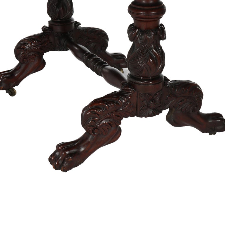 Antique American Empire Flame Mahogany Sofa Table, Carved Acanthus & Paws, C1840