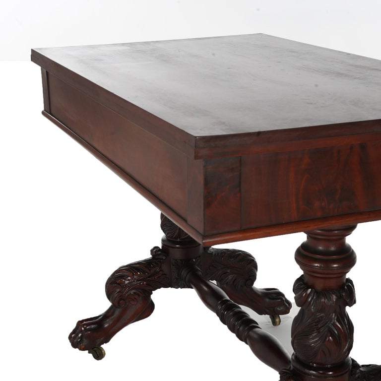 Antique American Empire Flame Mahogany Sofa Table, Carved Acanthus & Paws, C1840