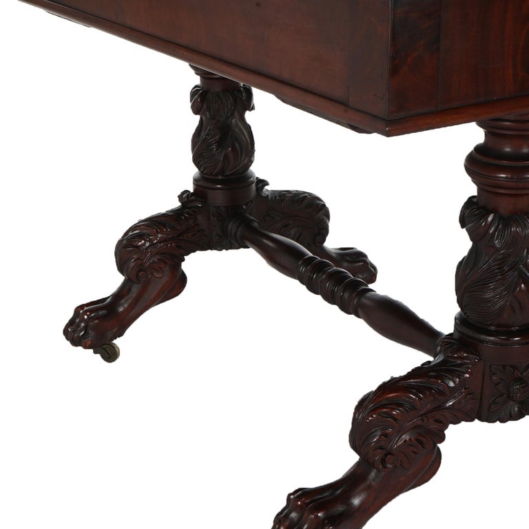 Antique American Empire Flame Mahogany Sofa Table, Carved Acanthus & Paws, C1840