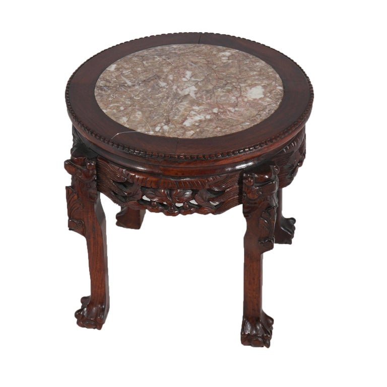 Chinese Deeply Carved Hardwood & Inset Marble Round Plant Stand 20thC