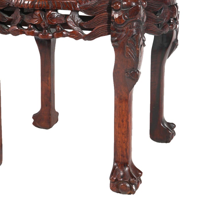 Chinese Deeply Carved Hardwood & Inset Marble Round Plant Stand 20thC