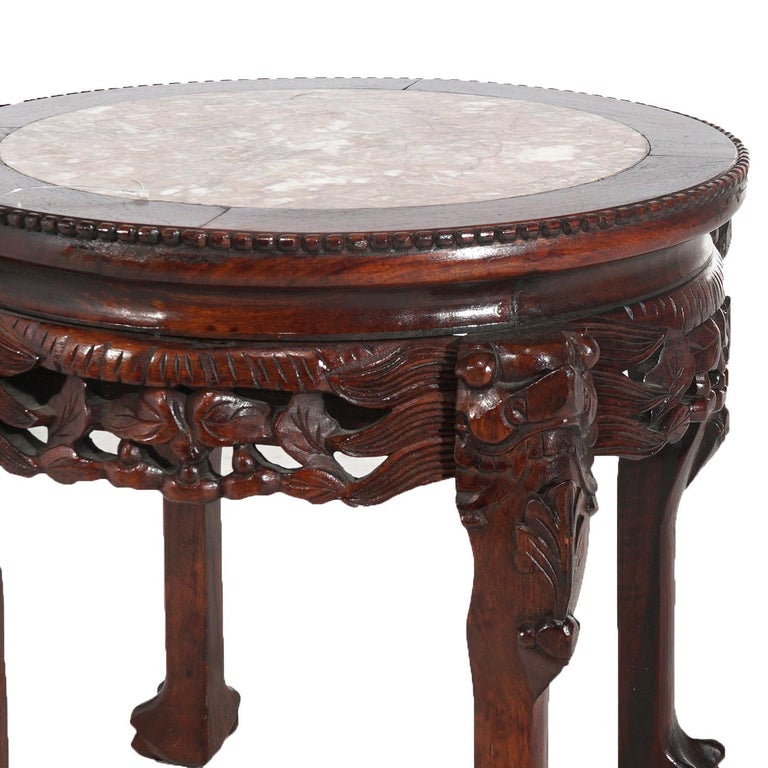 Chinese Deeply Carved Hardwood & Inset Marble Round Plant Stand 20thC