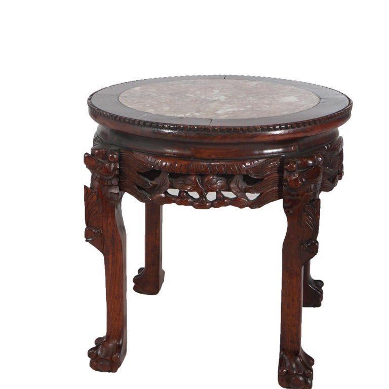 Chinese Deeply Carved Hardwood & Inset Marble Round Plant Stand 20thC