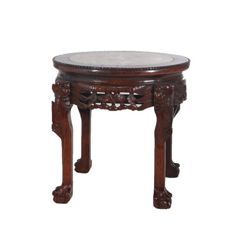 Chinese Deeply Carved Hardwood & Inset Marble Round Plant Stand 20thC