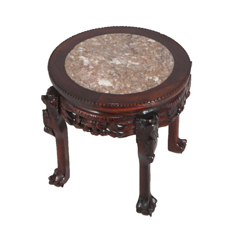 Chinese Deeply Carved Hardwood & Inset Marble Round Plant Stand 20thC