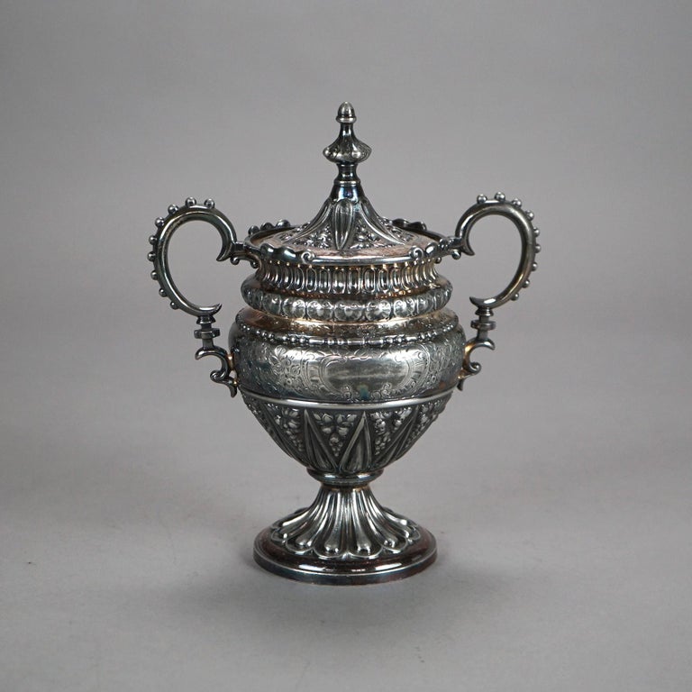 Three Piece Antique Silver Plated Tea Set with Foliate Engraving C1890
