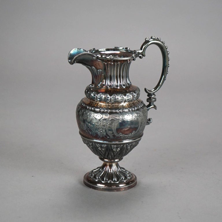 Three Piece Antique Silver Plated Tea Set with Foliate Engraving C1890