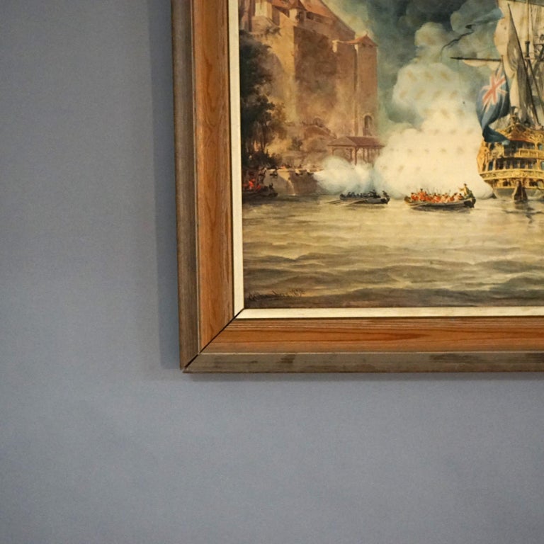 Mid Century Modern Seascape Print with Tall Mast Ships after Chambers C1950’s