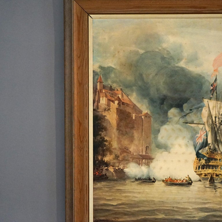 Mid Century Modern Seascape Print with Tall Mast Ships after Chambers C1950’s