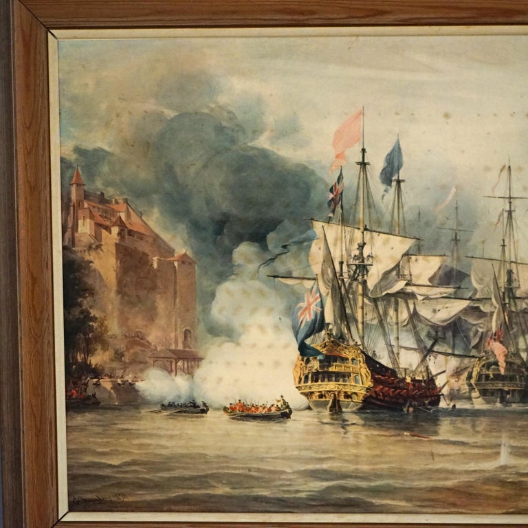 Mid Century Modern Seascape Print with Tall Mast Ships after Chambers C1950’s