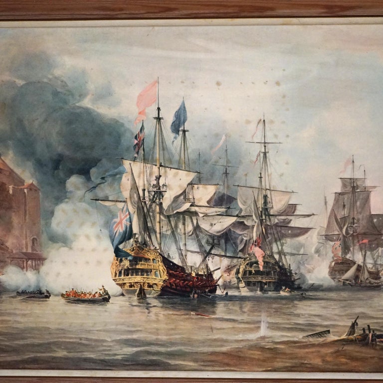 Mid Century Modern Seascape Print with Tall Mast Ships after Chambers C1950’s
