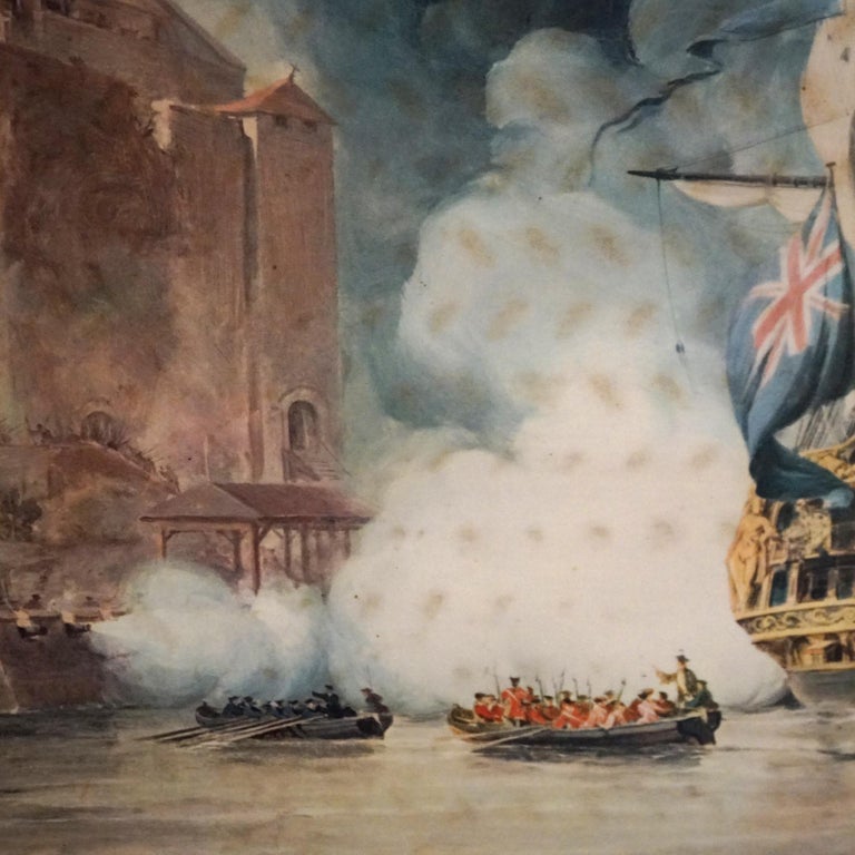 Mid Century Modern Seascape Print with Tall Mast Ships after Chambers C1950’s