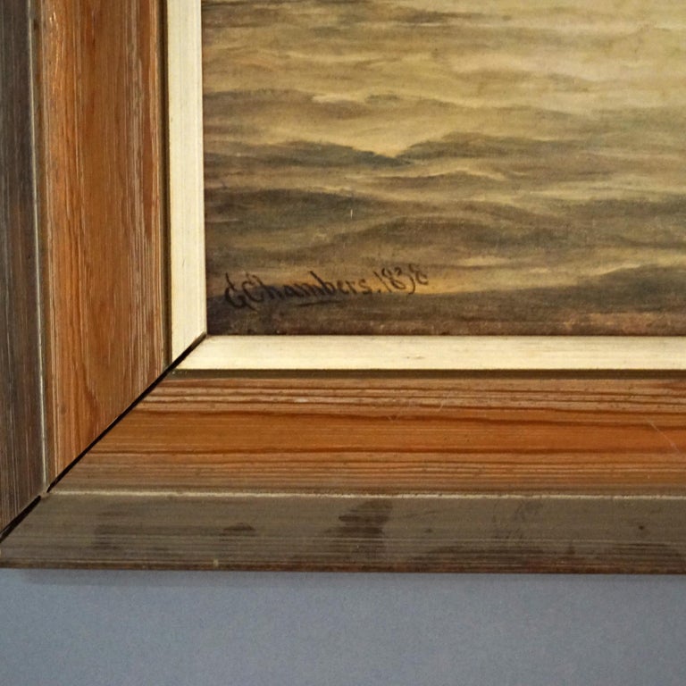 Mid Century Modern Seascape Print with Tall Mast Ships after Chambers C1950’s