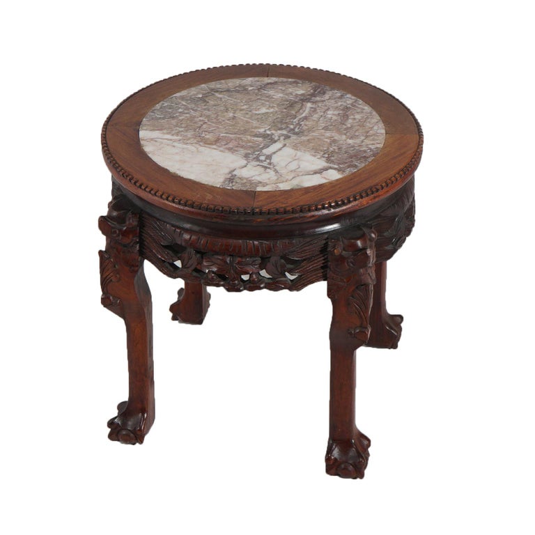 Chinese Deeply Carved Hardwood & Inset Marble Round Plant Stand 20thC