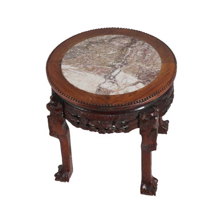 Chinese Deeply Carved Hardwood & Inset Marble Round Plant Stand 20thC