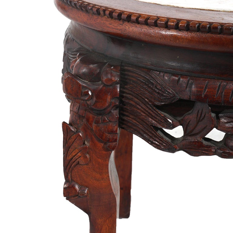 Chinese Deeply Carved Hardwood & Inset Marble Round Plant Stand 20thC