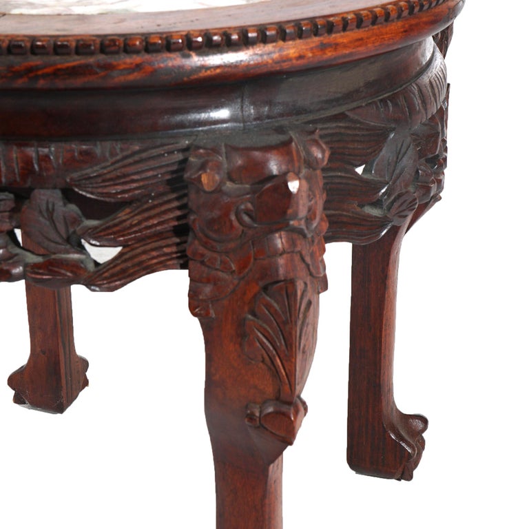 Chinese Deeply Carved Hardwood & Inset Marble Round Plant Stand 20thC