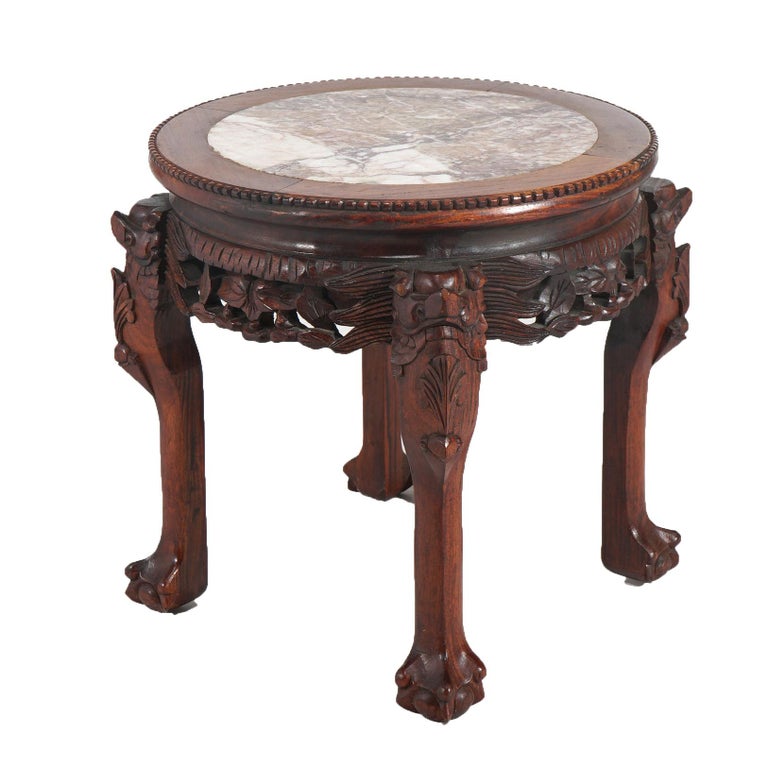 Chinese Deeply Carved Hardwood & Inset Marble Round Plant Stand 20thC