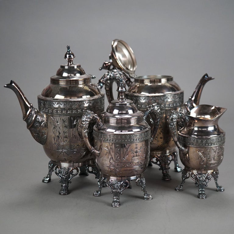 Four Piece Antique Silver Plated Footed Tea Set C1890