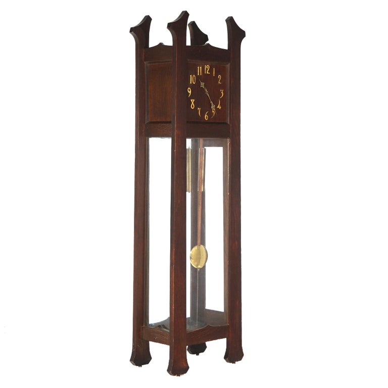 Antique Arts & Crafts Mission Stickley School Oak Grandfather Clock C1910