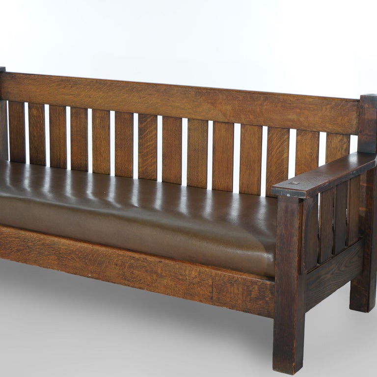 Arts & Crafts JM Young Mission Oak Slat-Back Settle with Cushion, C1910