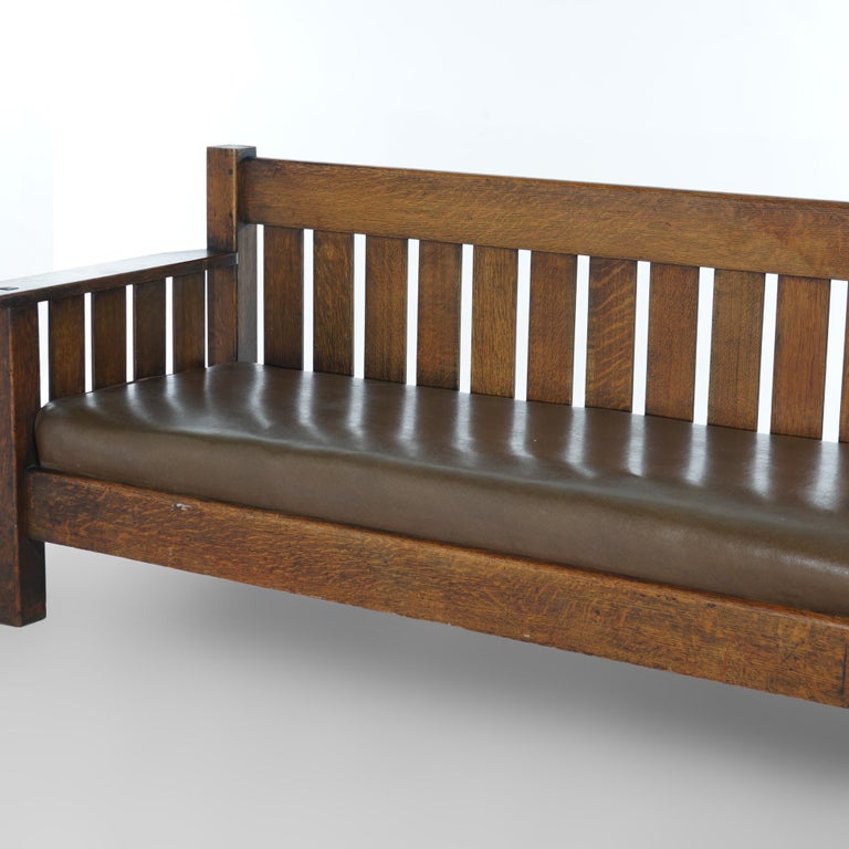 Arts & Crafts JM Young Mission Oak Slat-Back Settle with Cushion, C1910