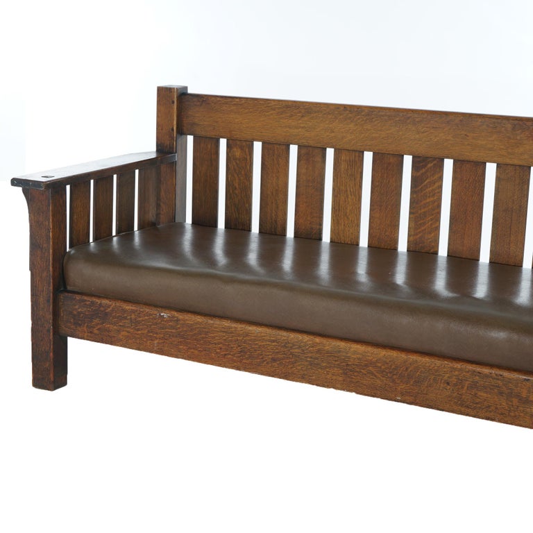 Arts & Crafts JM Young Mission Oak Slat-Back Settle with Cushion, C1910