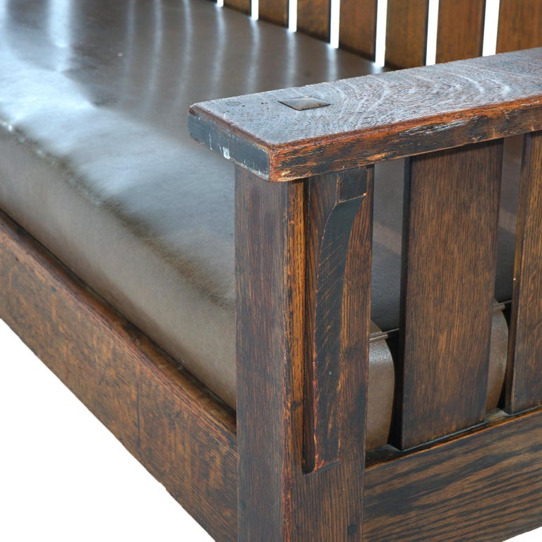Arts & Crafts JM Young Mission Oak Slat-Back Settle with Cushion, C1910