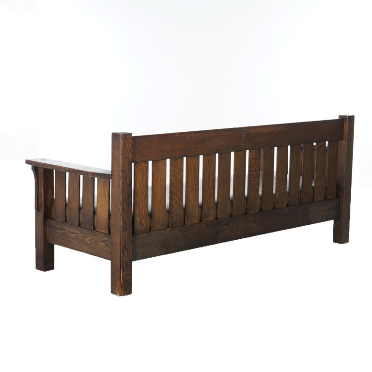 Arts & Crafts JM Young Mission Oak Slat-Back Settle with Cushion, C1910