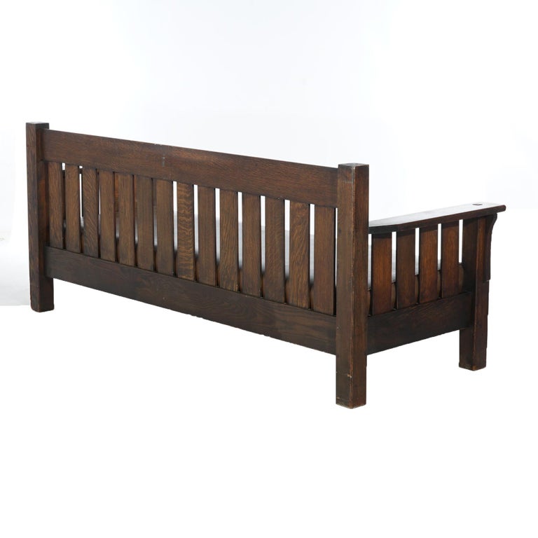 Arts & Crafts JM Young Mission Oak Slat-Back Settle with Cushion, C1910