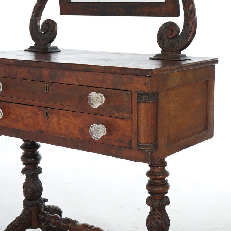 Antique American Empire Carved Mahogany Dressing Table with Mirror C1840