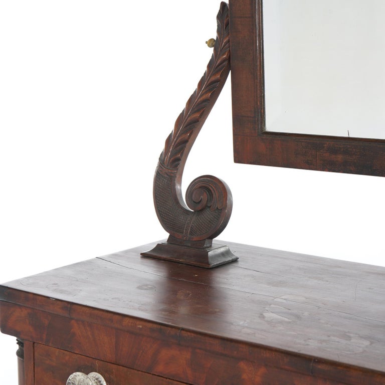 Antique American Empire Carved Mahogany Dressing Table with Mirror C1840
