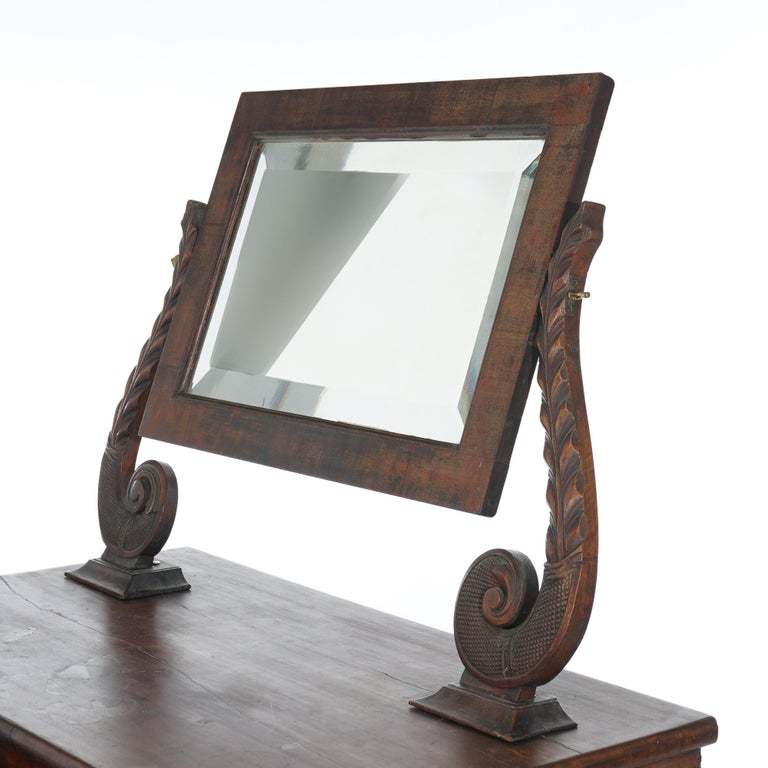 Antique American Empire Carved Mahogany Dressing Table with Mirror C1840